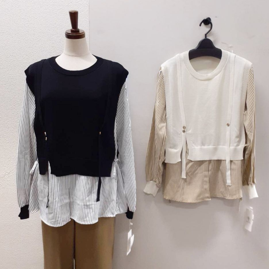 P000 ニットベストレイヤード風 ストライプBL（F3Y-4325108）