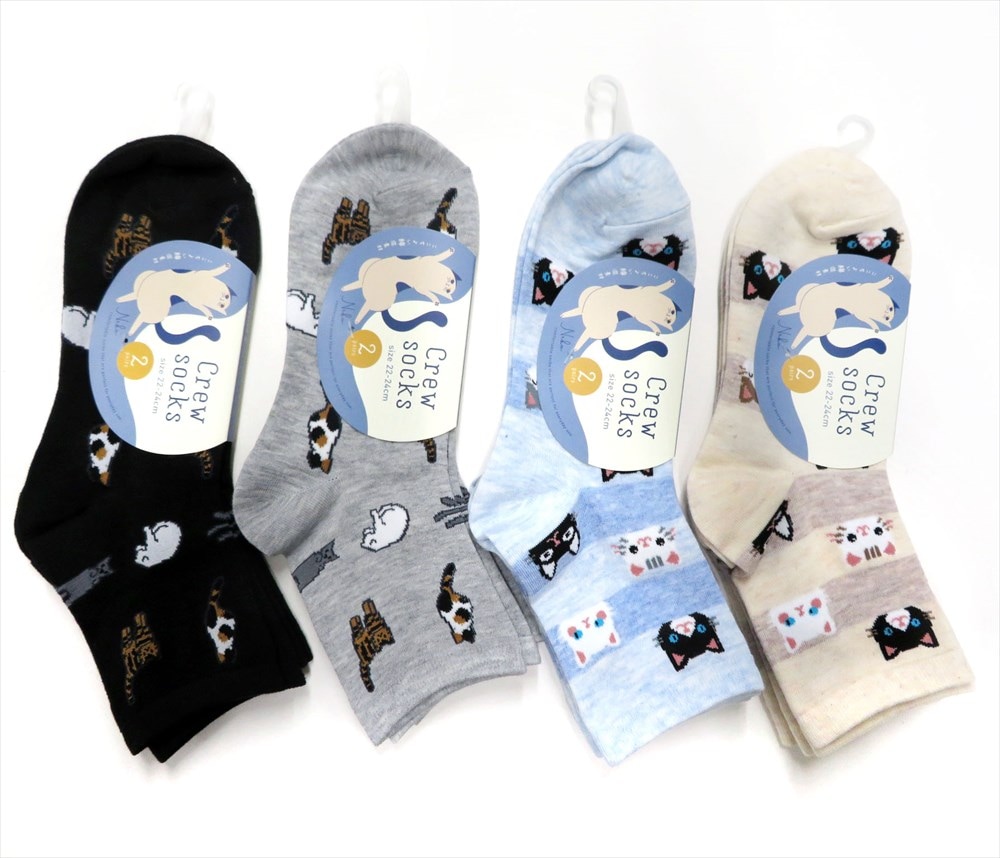 P000  婦人ネコ柄２足組クルーソックス (62716017)10入り 