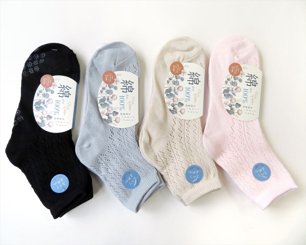 P000  婦人表糸綿１００％手編み風２足組クルーソックス　すべり止め付き (62716025)10入り 