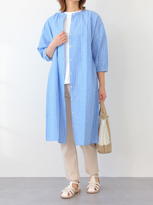 P000【ironohi】綿麻ストライプ ギャザーワンピース（75-26344）