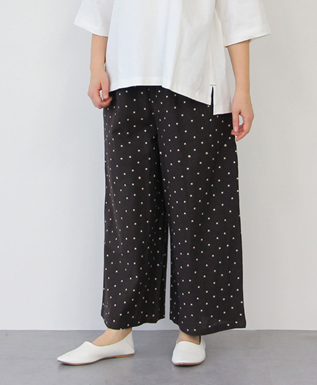 P000【ironohi】コットンリネン ドット柄 ワイドパンツ（75-26368）