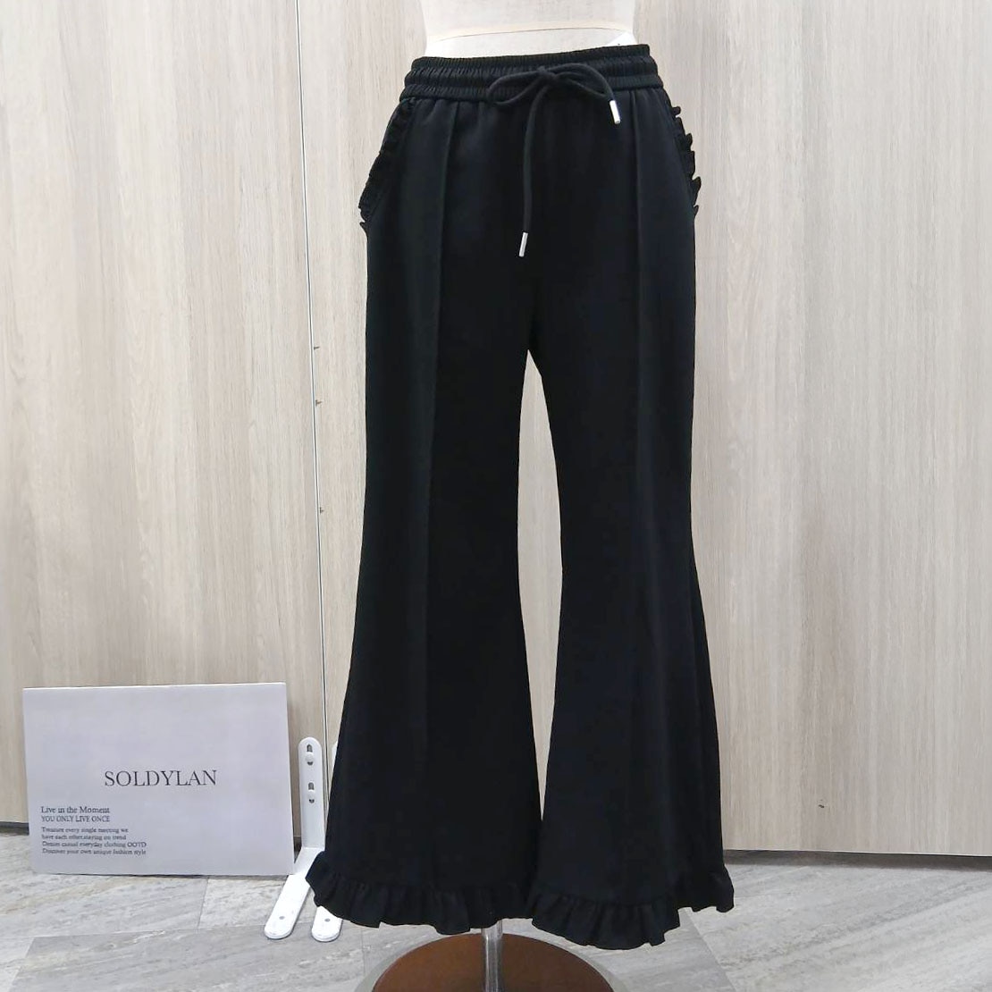 P000【SOLDYLAN】ポケット・裾フリルフレアパンツ（ブラックのみ）（F2KA-A20679）