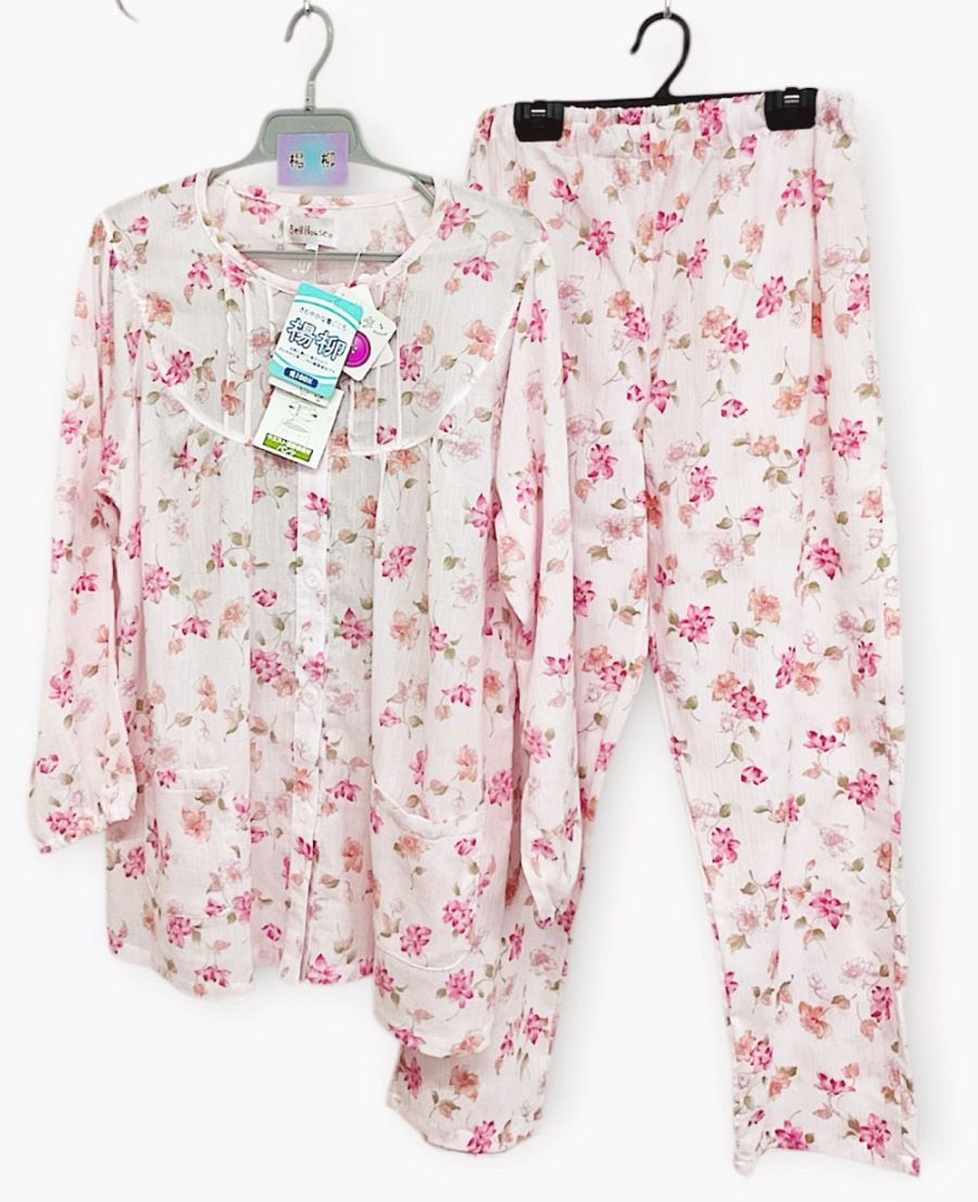 P000 婦人綿長袖パジャマ楊柳(大きめボタン）（75-8333）