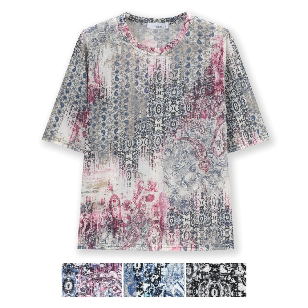 P000 SS-0160 麻混ペイズリープリントハピス付き五分袖Tシャツ(J26-020) 6枚組