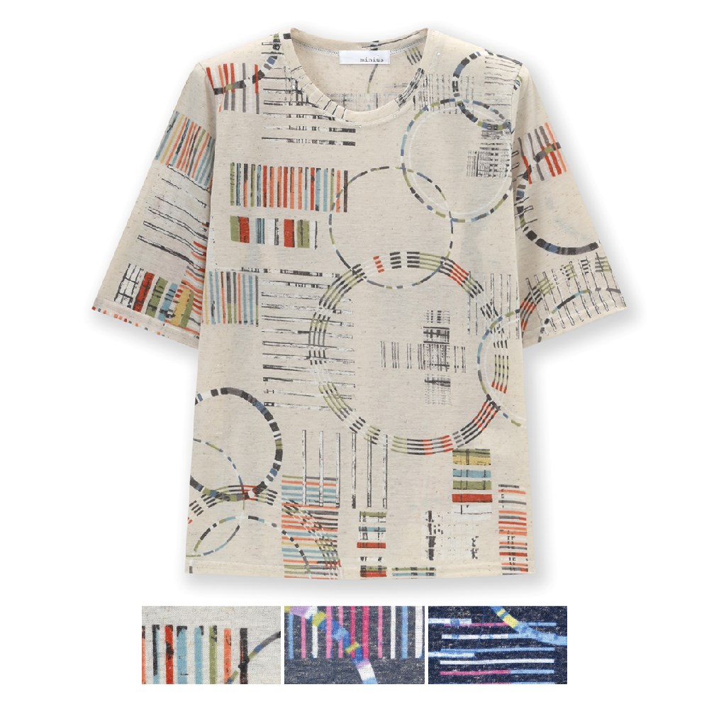 P000 SS-0161 麻混幾何プリントハピス付き五分袖Tシャツ(J26-021) 6枚組