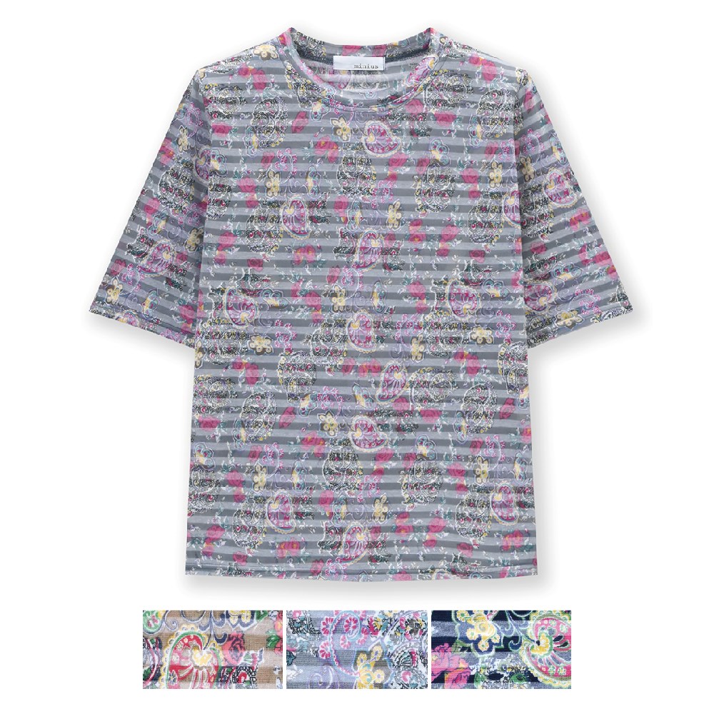 P000SS-0164 T/Cボーダーペイズリープリント五分袖Tシャツ(J26-024) 6枚組