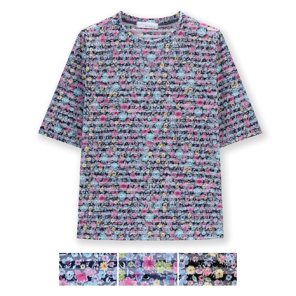 P000SS-0165 T/Cボーダー小花プリント五分袖Tシャツ(J26-025) 6枚組