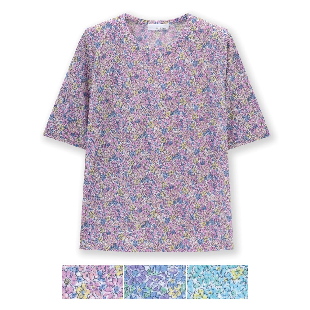 P000SS-0167 ワッフルジャガード小花プリント ハピス付き五分袖Tシャツ(J26-027) 6枚組