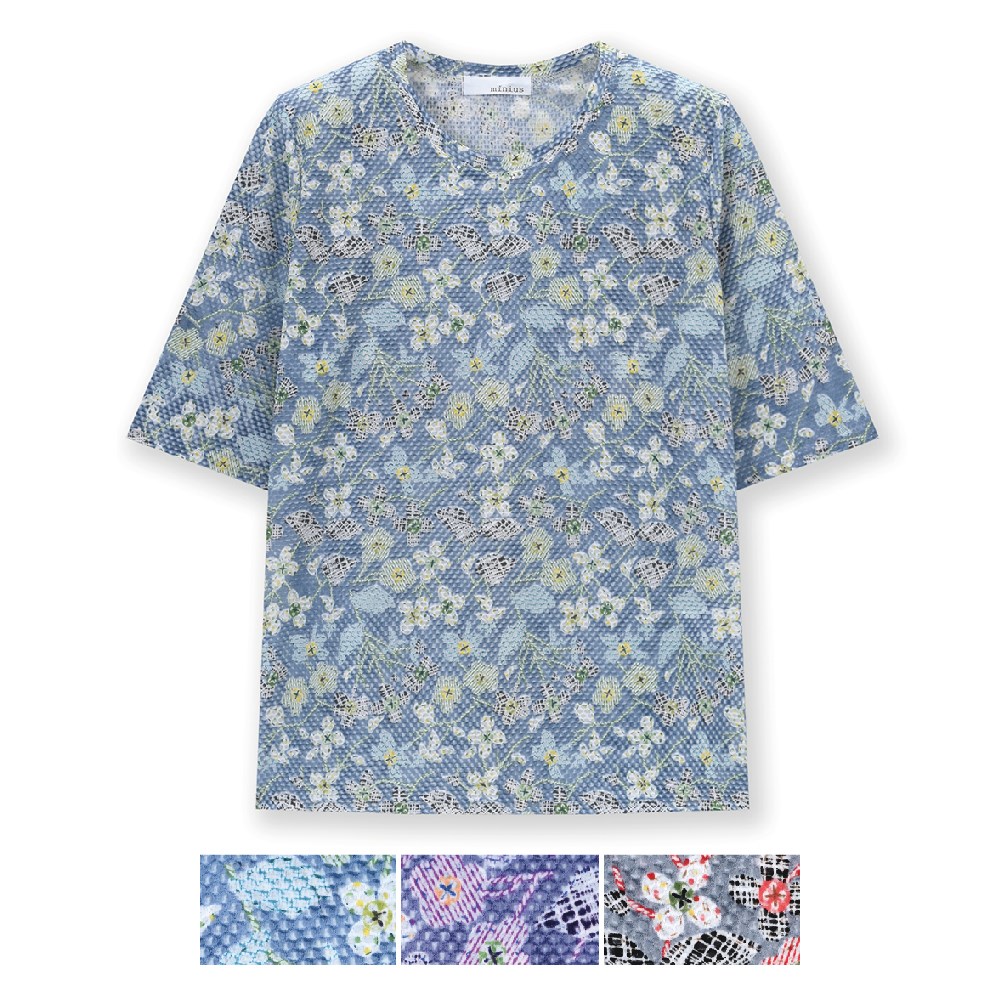 P000SS-0168 ワッフルジャガード花プリント ハピス付き五分袖Tシャツ(J26-028) 6枚組