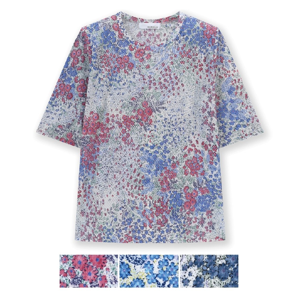 P000SS-0169 ワッフルジャガード花プリント ハピス付き五分袖Tシャツ(J26-029) 6枚組