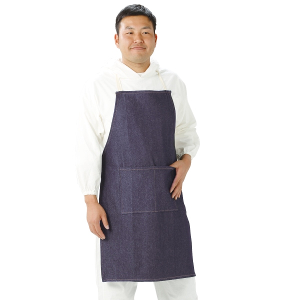 NJ-110P デニム胸付前掛け テープ紐タイプ エプロン  ポケット有り