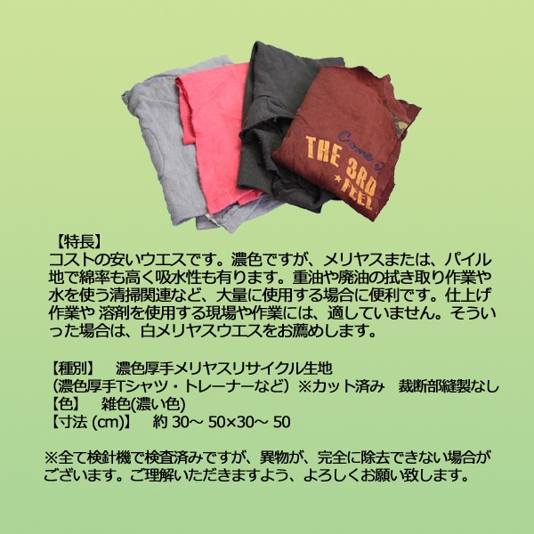 濃色厚メリヤスウエス(リサイクル生地) 40kg梱包(4kg×5袋×2梱包)