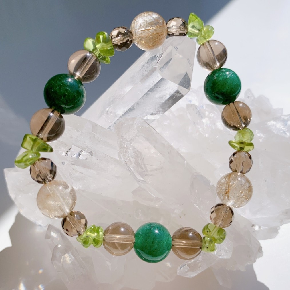 [27Y]スモーキークォーツ,モスアベンチュリン,ルチルクォーツ,ペリドット（さざれ） ブレスレット
