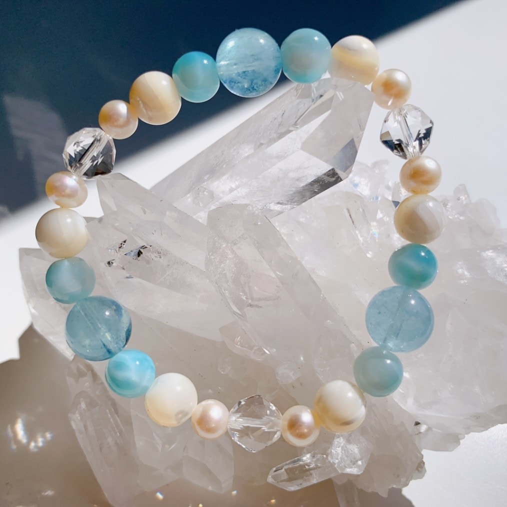 [61Y]ラリマー,アクアマリン2A,マザーオブパール,パール,水晶 ブレスレット