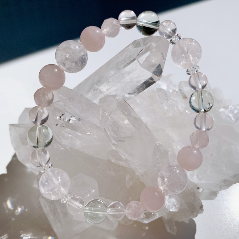 [71Y]クラックローズクォーツ,スターローズクォーツ,水晶,グリーンアメジスト ブレスレット