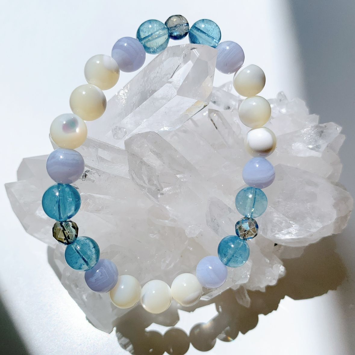 [77Y]アクアマリン(3A),ブルーレースアゲート,マザーオブパール,コスモオーラ ブレスレット