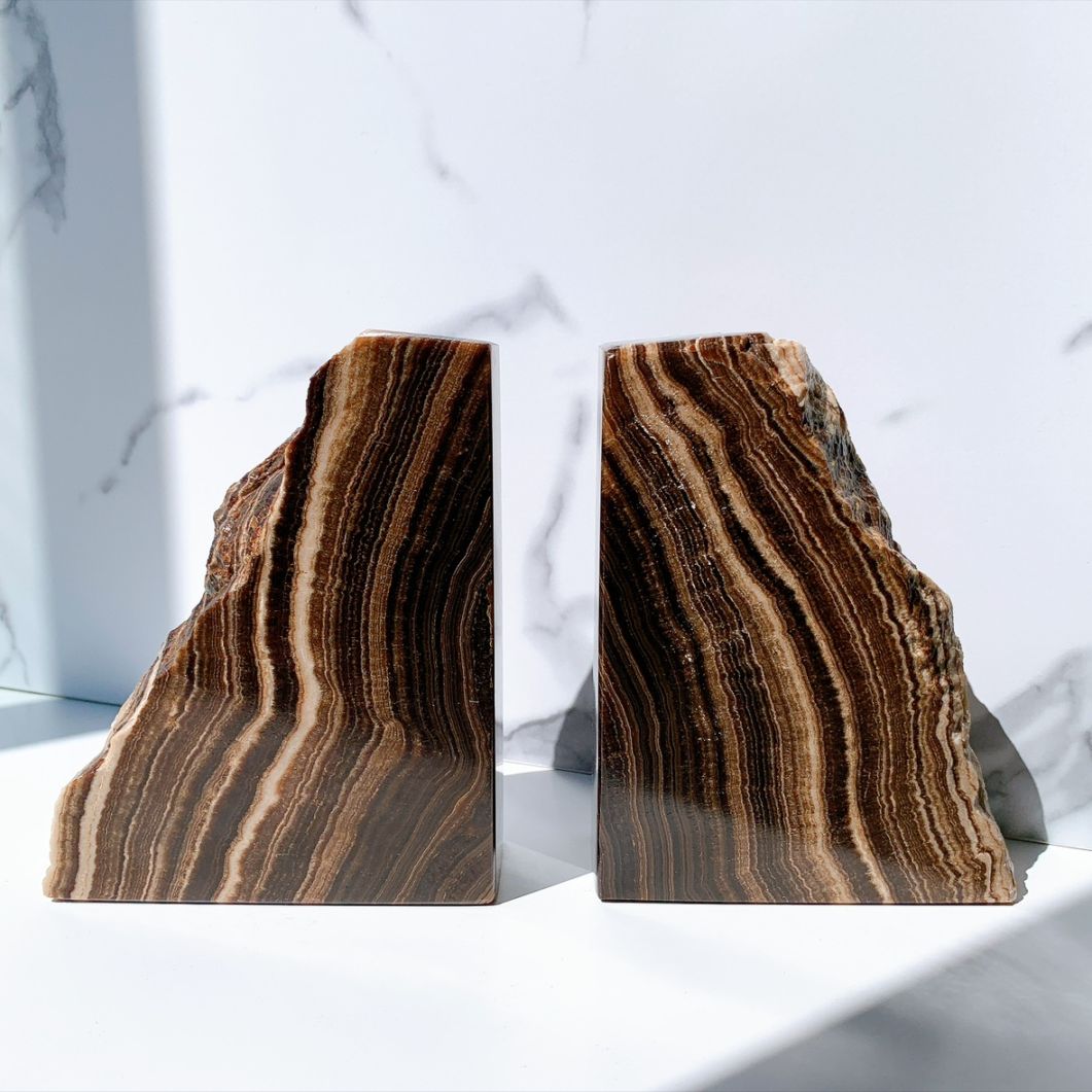 チョコレートオニキス/カルサイト ブックエンド 2個セット