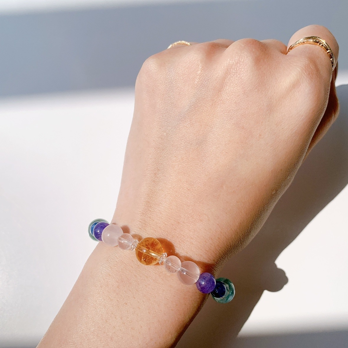 [104Y]カイヤナイト,ローズクォーツ,スターローズクォーツ,タンザナイト,フローライト,シトリン,水晶 ブレスレット