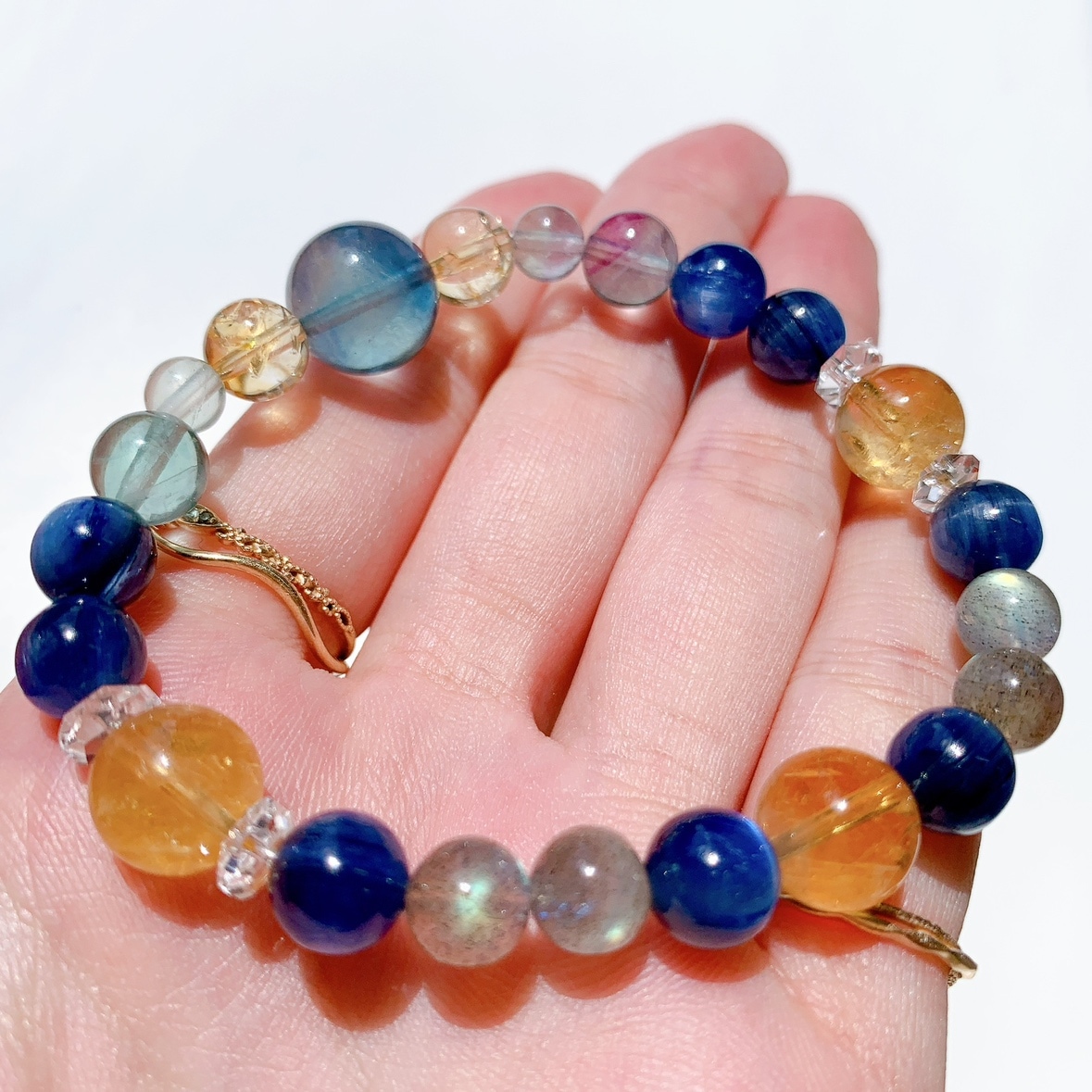 [90Y]ブルーフローライト,シトリン,水晶,フローライト,カイヤナイト,ラブラドライト ブレスレット
