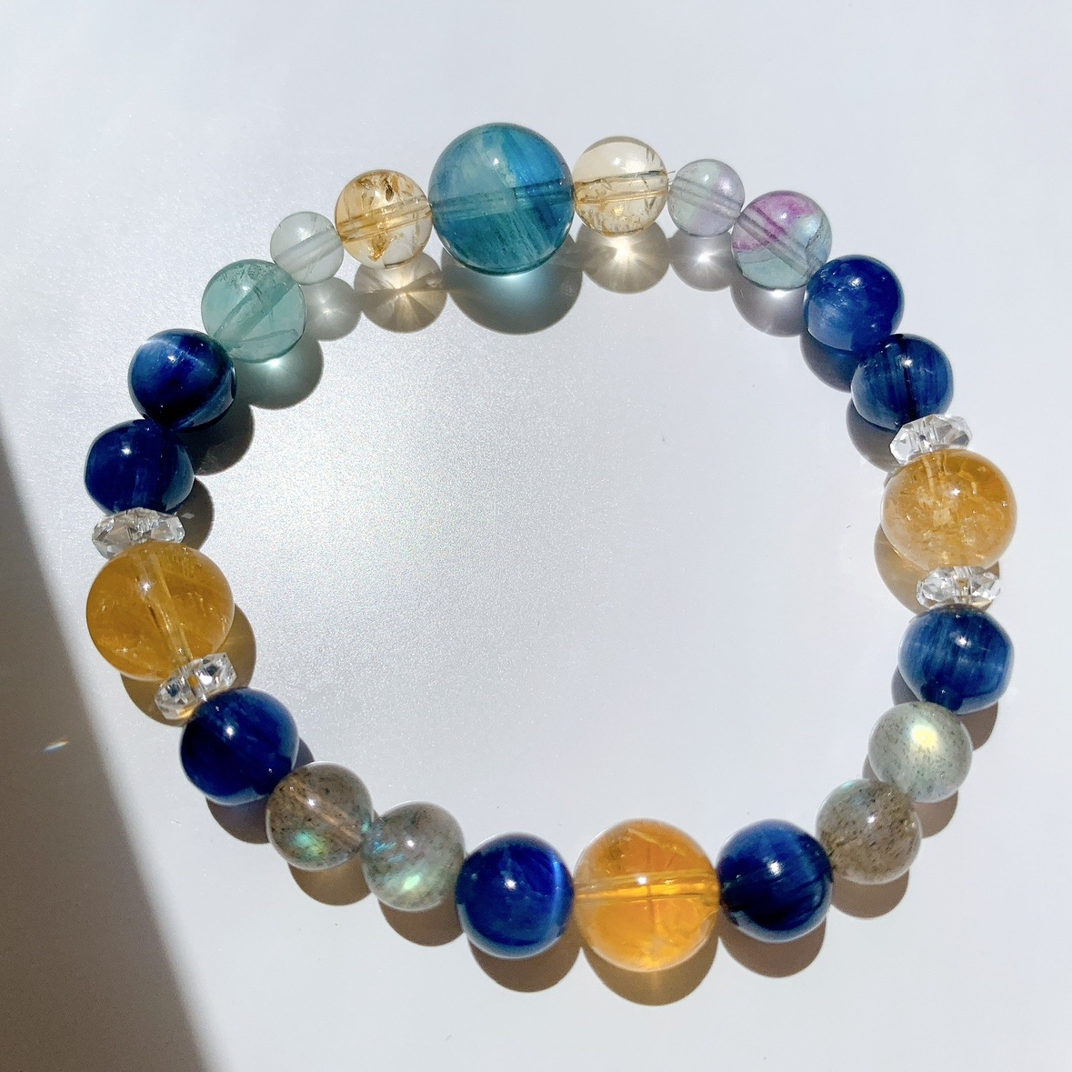 [90Y]ブルーフローライト,シトリン,水晶,フローライト,カイヤナイト,ラブラドライト ブレスレット