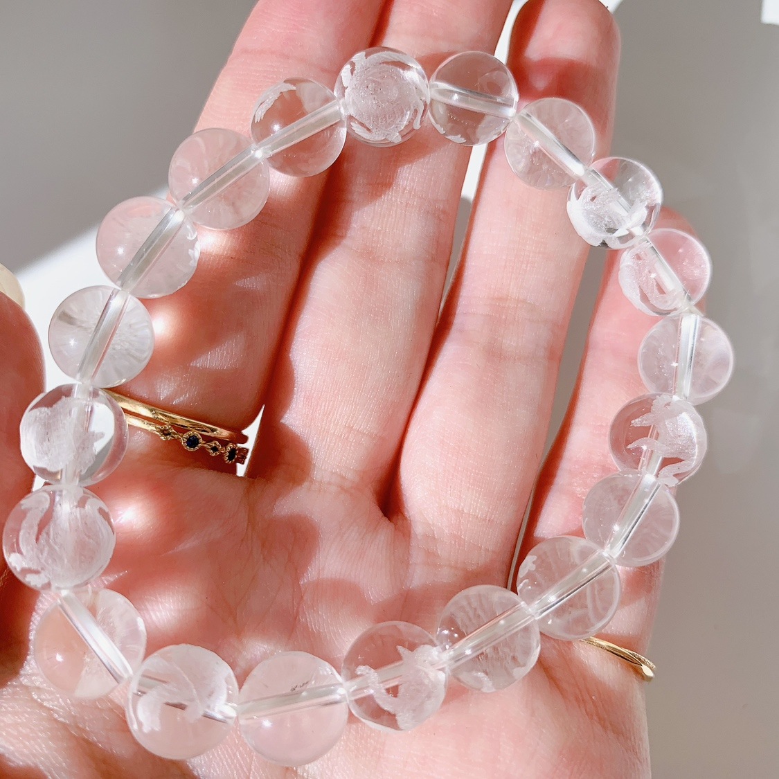 水入り水晶　天然石　ハートの彫り物水晶 ブレスレット 水入り水晶 天然石 ハートの彫り物水晶 ブレスレット AB3761 水