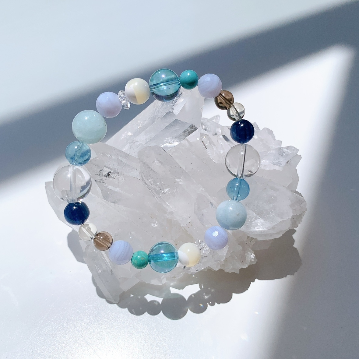 [114Y]水晶,アクアマリン,ブルーレースアゲート,マザーオブパール,アクアオーラ,ターコイズ,スモーキークォーツ,レモンクォーツ,カイヤナイト ブレスレット