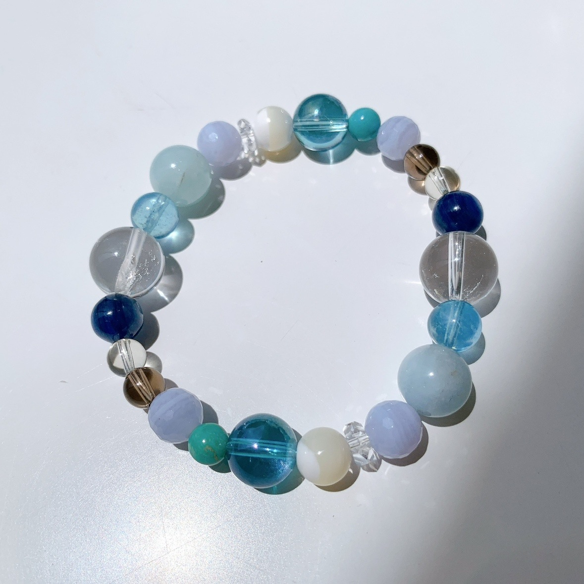 [114Y]水晶,アクアマリン,ブルーレースアゲート,マザーオブパール,アクアオーラ,ターコイズ,スモーキークォーツ,レモンクォーツ,カイヤナイト ブレスレット