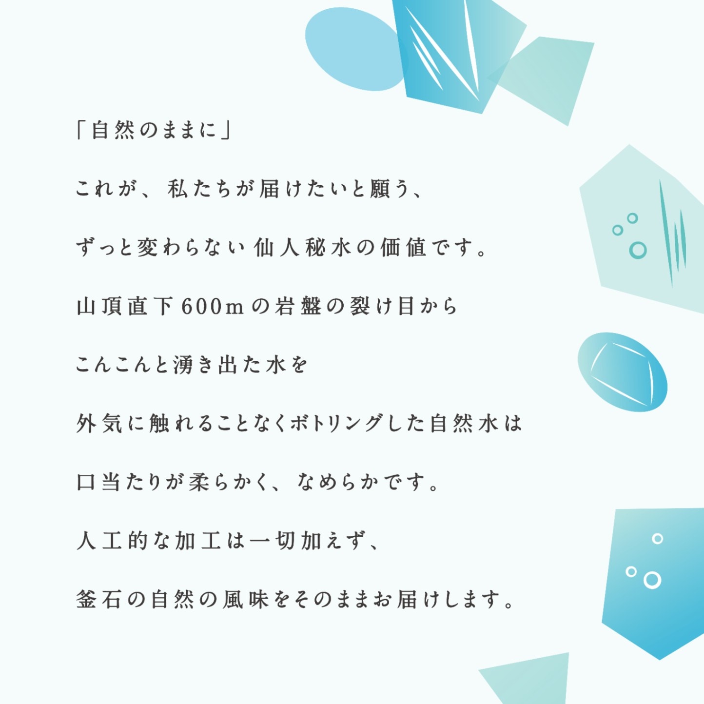 「自然のままに」
これが、私たちが届けたいと願う、ずっと変わらない仙人秘水の価値です。
山頂直下600mの岩盤の裂け目からこんこんと湧き出た水を外気に触れることなく
ボトリングした自然水は口当たりが柔らかく、なめらかです。
人工的な加工は一切加えず、釜石の自然の風味をそのままお届けします。
