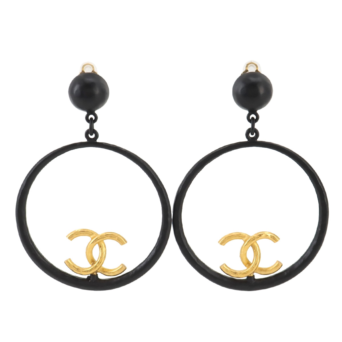 CHANEL スイング フープ ココマーク イヤリング ブラック ゴールド 93A アクセサリー ヴィンテージ Vintage Earrings シャネル 90258340