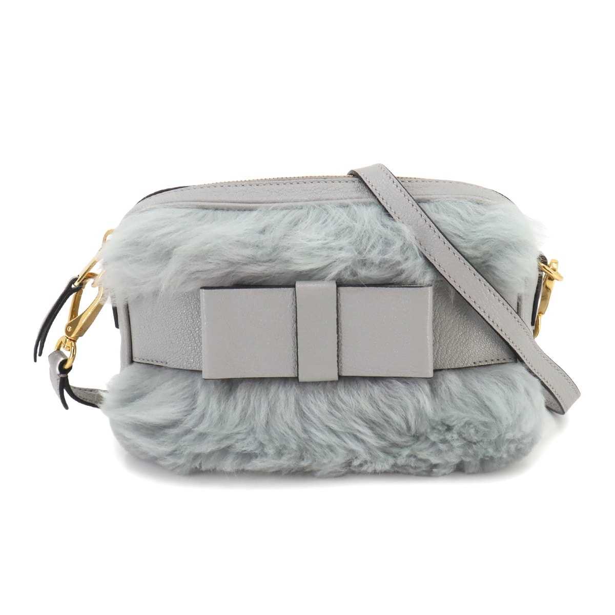 MIUMIU ファー ショルダー バッグ レザー グレー 5BH082 ゴールド 金具 Shoulder Bag ミュウミュウ 90261007