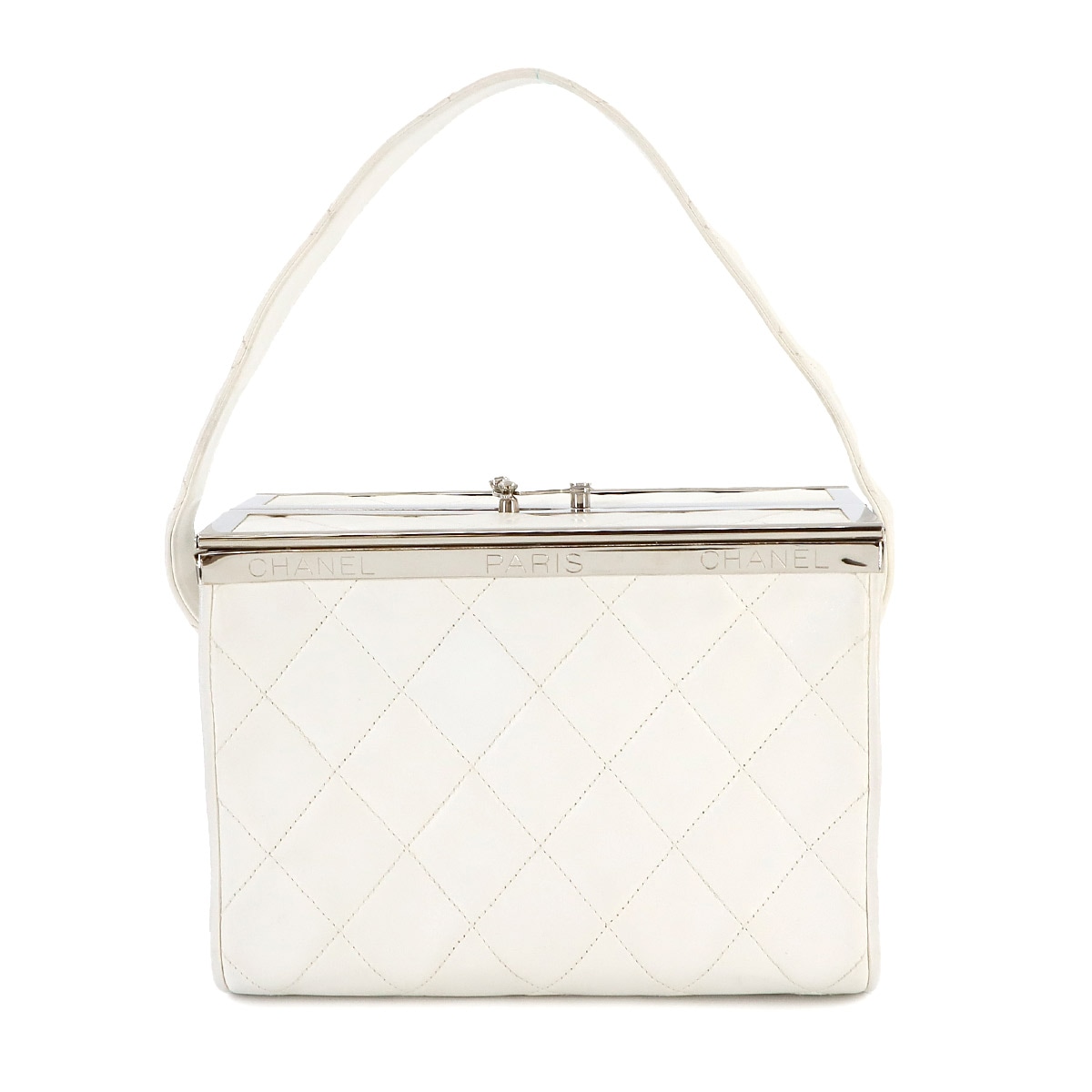 CHANEL マトラッセ バニティ ハンド バッグ レザー ホワイト シルバー 金具 ヴィンテージ Vanity シャネル 90271226