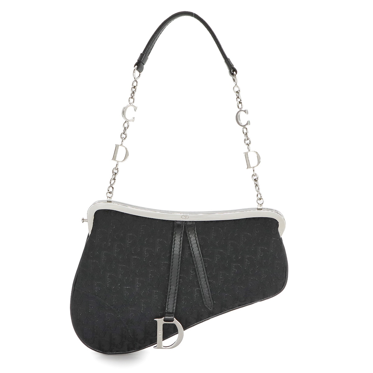 Christian Dior トロッター サドル ミニ チェーン ハンド バッグ キャンバス レザー ブラック Saddle Mini Bag クリスチャン ディオール 90272952