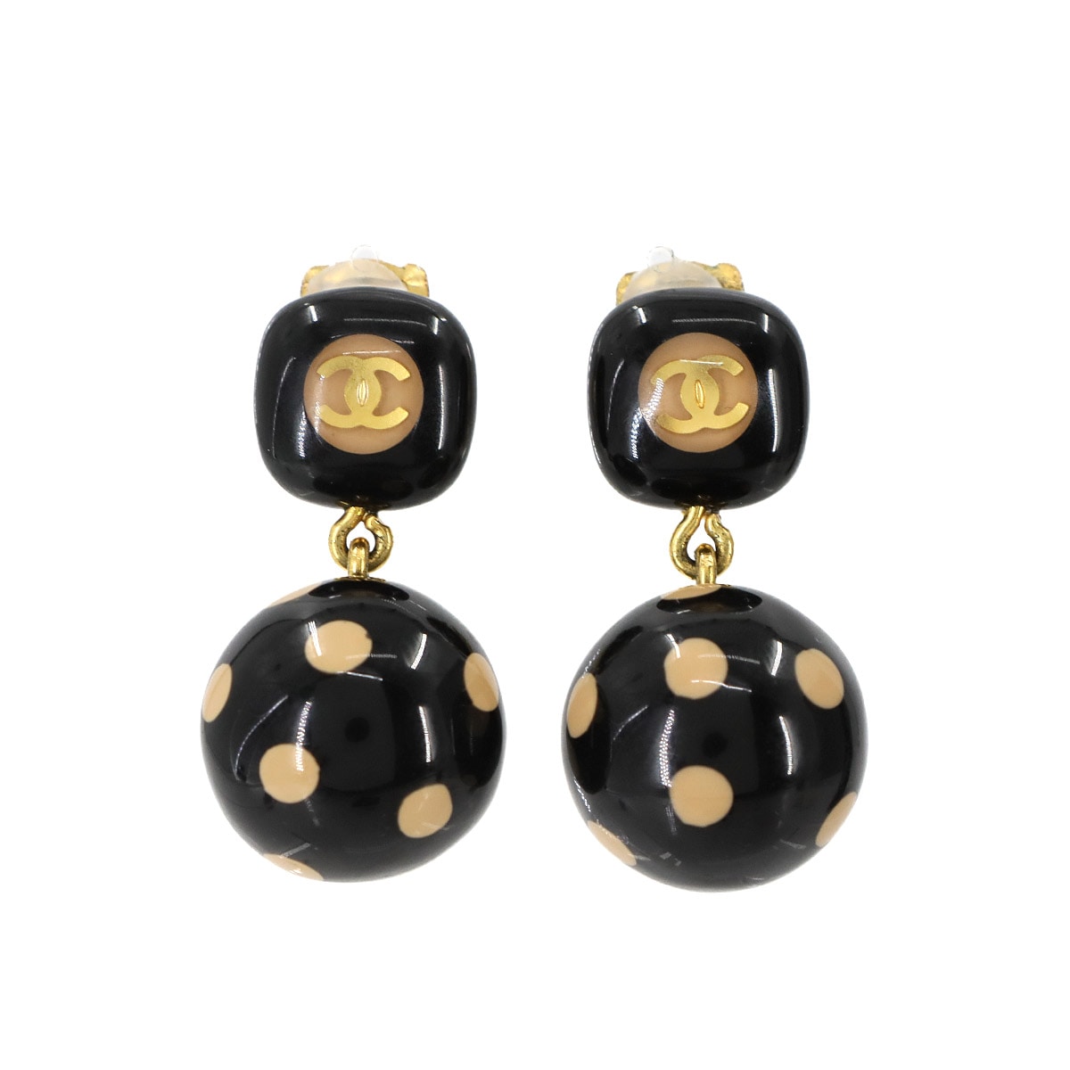 CHANEL ドット柄 ボール スイング イヤリング ブラック ベージュ ゴールド 00A ココマーク アクセサリー ヴィンテージ Earrings シャネル 90272001