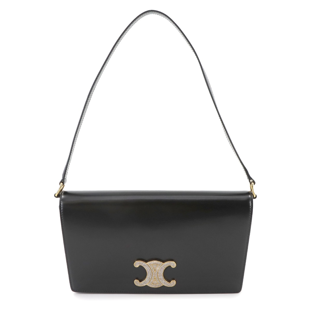 CELINE トリオンフ ワンショルダー バッグ レザー ブラック ゴールド 金具 ラインストーン Triomphe Shoulder Bag セリーヌ 90279220