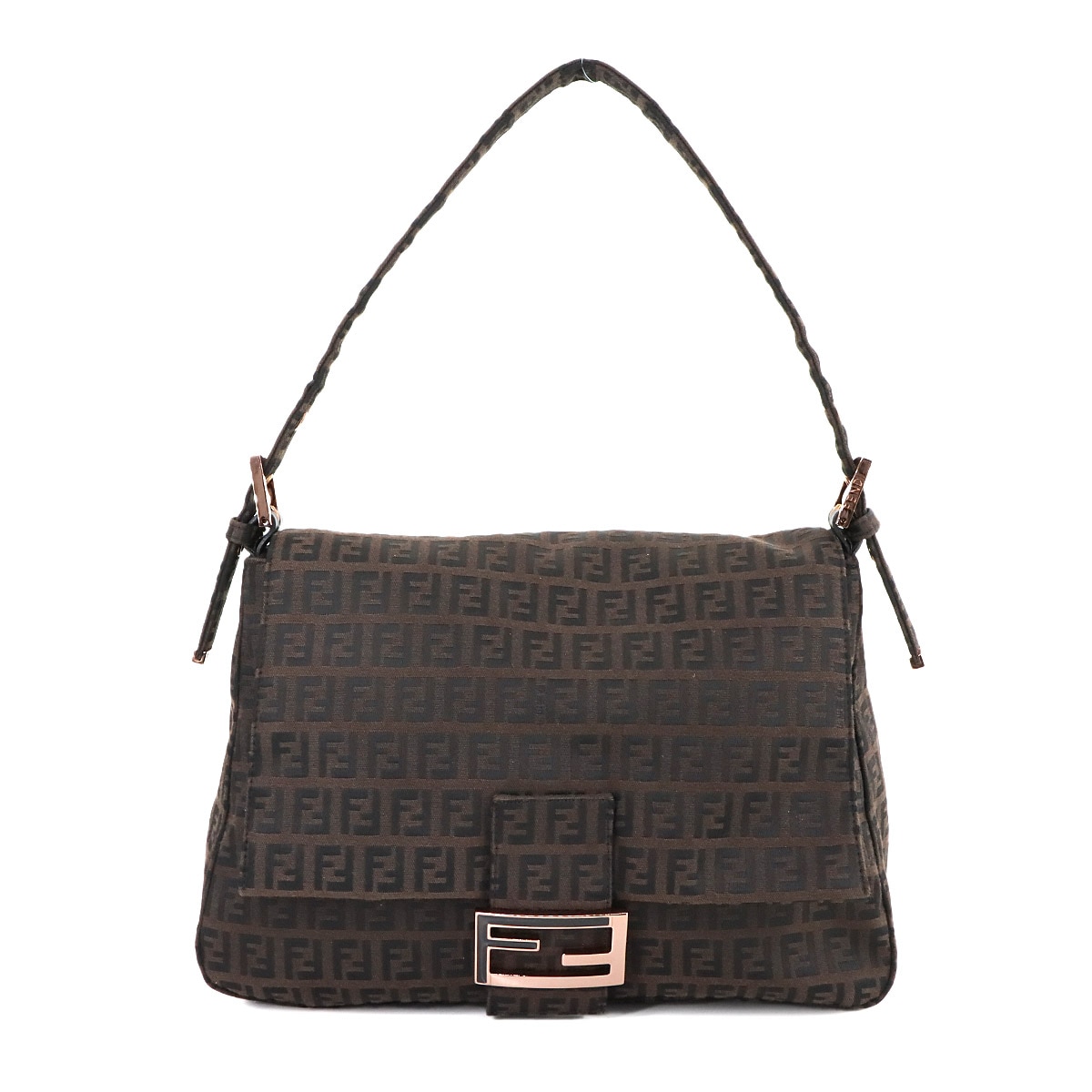 FENDI ズッキーノ マンマバケット ショルダー バッグ キャンバス ブラウン ブラック 8BR001 ピンクゴールド 金具 Zucchino Mamma Baguette フェンディ 90280704