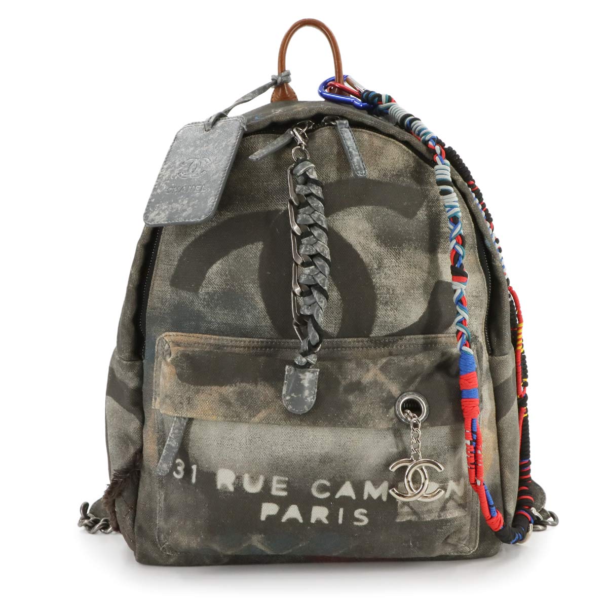 CHANEL アクト2 グラフィティ スモール バックパック リュックサック キャンバス レザー カーキ A92352 シルバー 金具 Graffiti Backpack シャネル 90280339