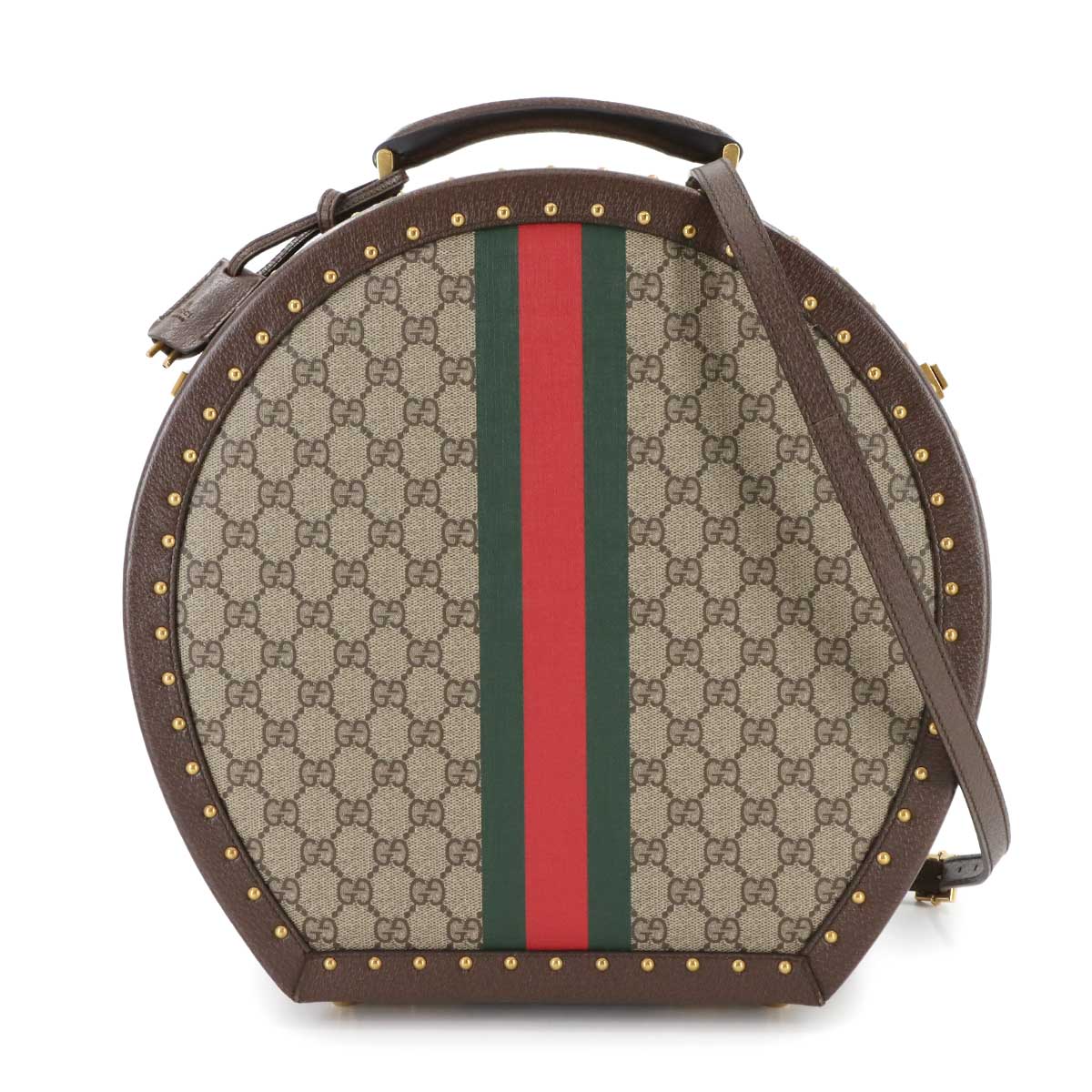 GUCCI GGスプリーム ハットケース 2way ハンド ショルダー バッグ ブラウン ベージュ ウェブストライプ 帽子 GG Supreme Hat Box グッチ 90280621