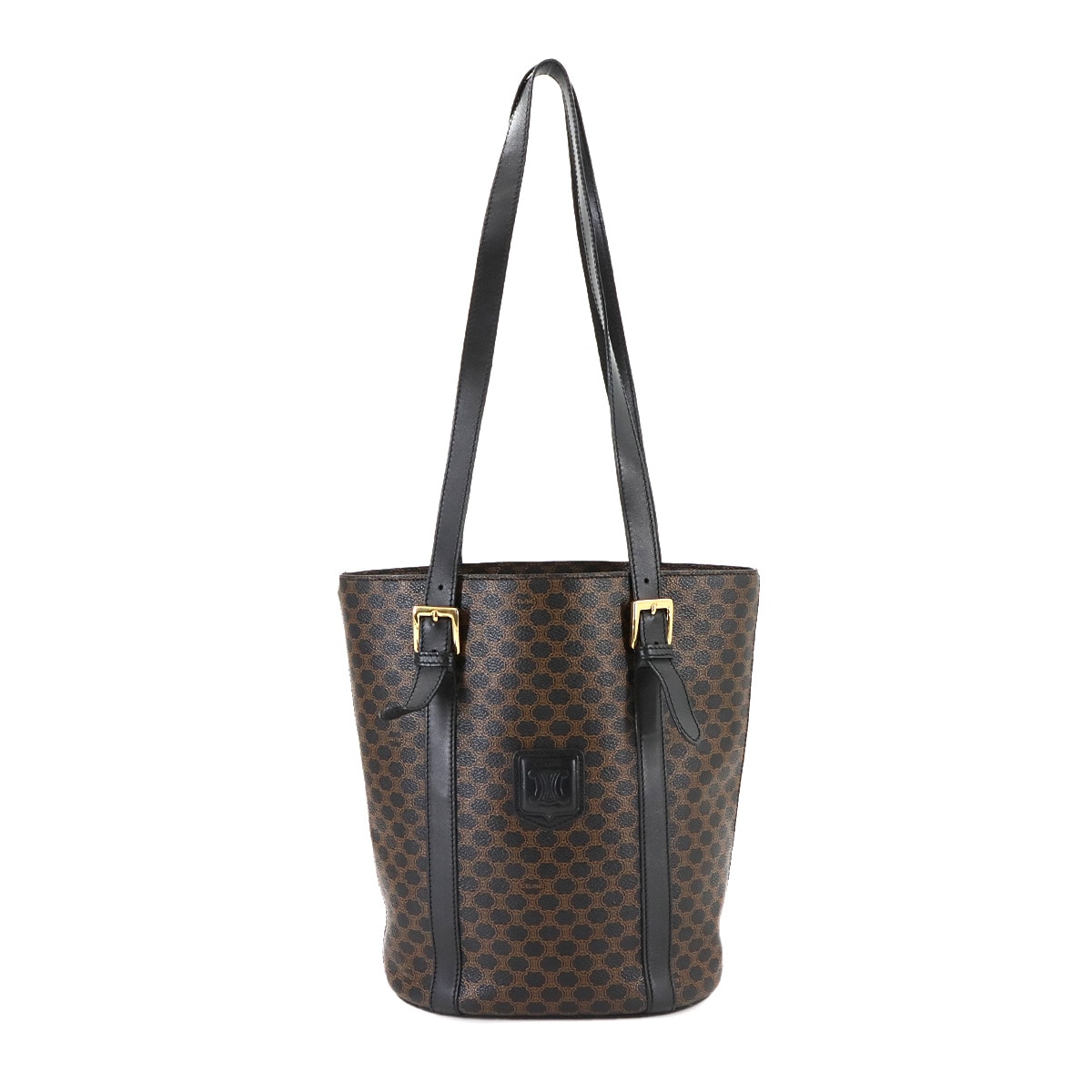 CELINE マカダム ショルダー バッグ PVC レザー ブラック ブラウン ゴールド 金具 ヴィンテージ Macadam Shoulder Bag　セリーヌ 90280882
