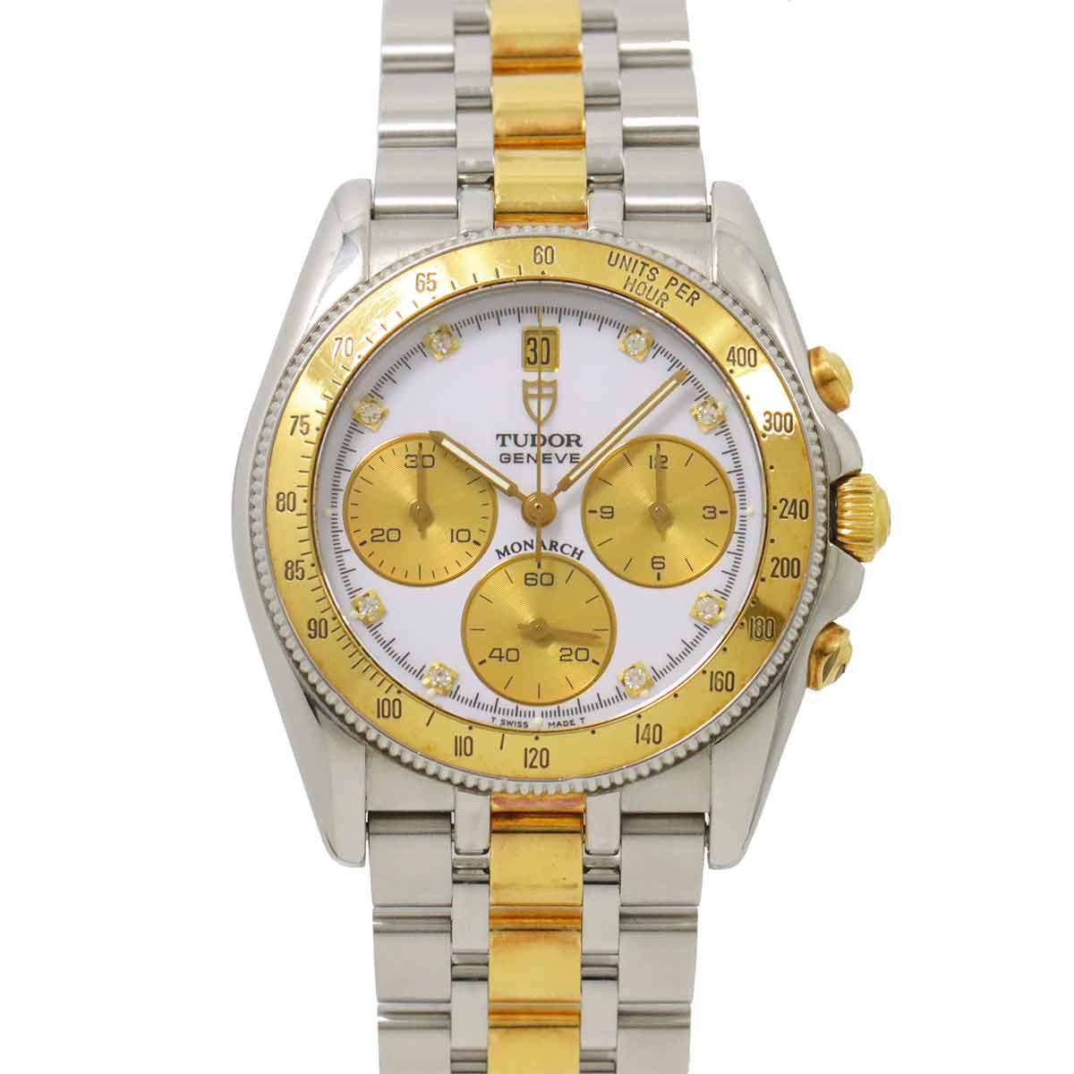 TUDOR モナーク コンビ 15903 クロノグラフ メンズ 腕時計 8P ダイヤモンド デイト ホワイト クォーツ ウォッチ Monarch チューダー チュードル 90283279