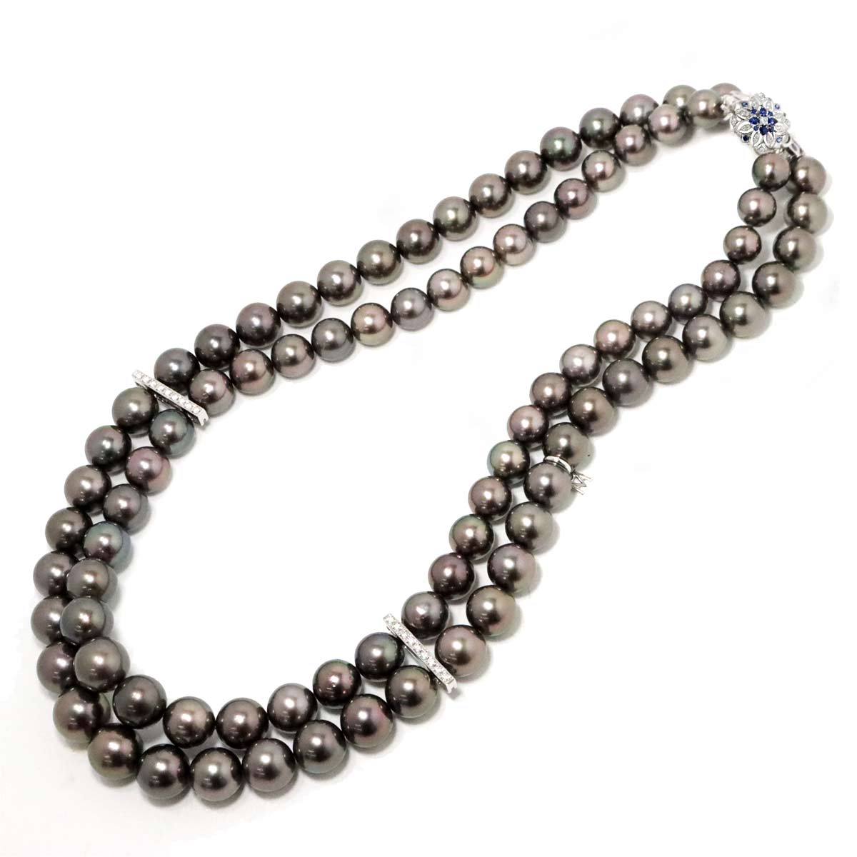 MIKIMOTO 黒蝶真珠 12.1-8.9mm ダイヤ サファイヤ ネックレス 45cm K18 WG ホワイトゴールド 750 パール Pearl Necklace ミキモト 90236117