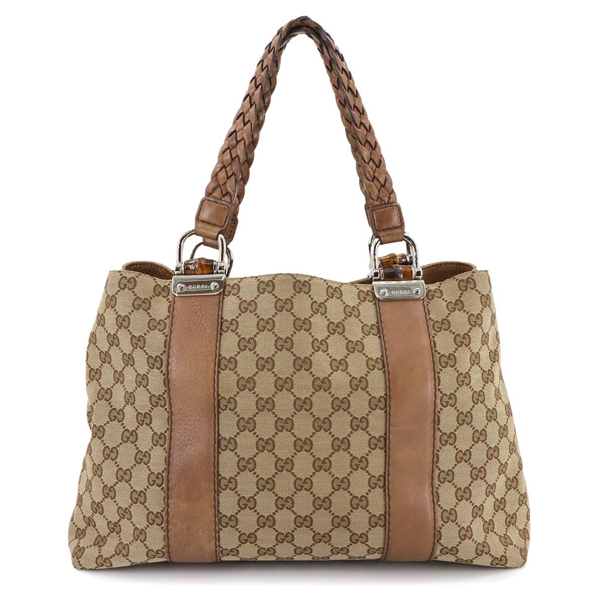 GUCCI GGキャンバス トート バッグ レザー ベージュ 232947 シルバー 金具 Tote Bag グッチ 90285030