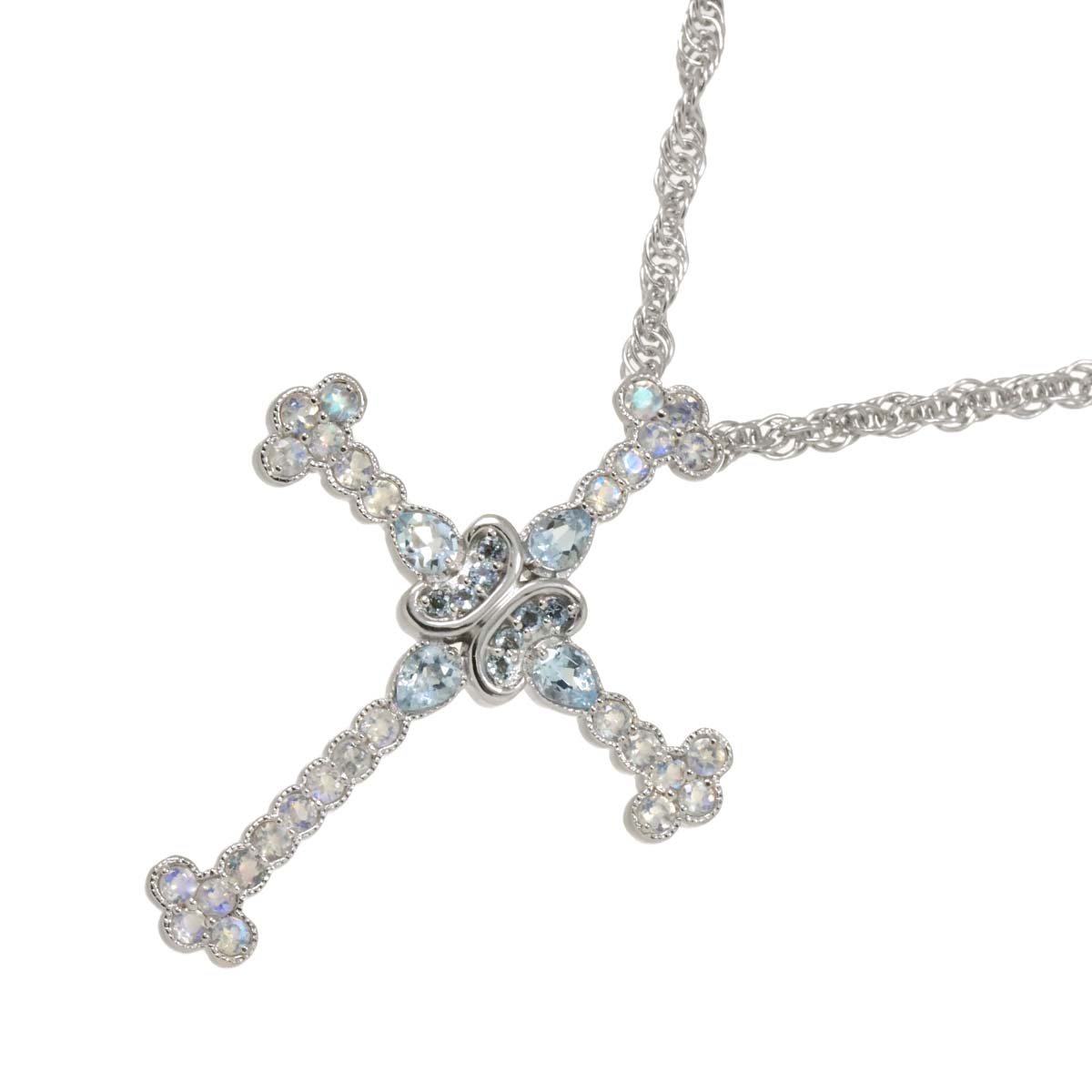 CELINE アクアマリン クォーツ ルビー 0.02ct クロス ネックレス 55cm K18 WG ホワイトゴールド 750 Necklace セリーヌ 90281553