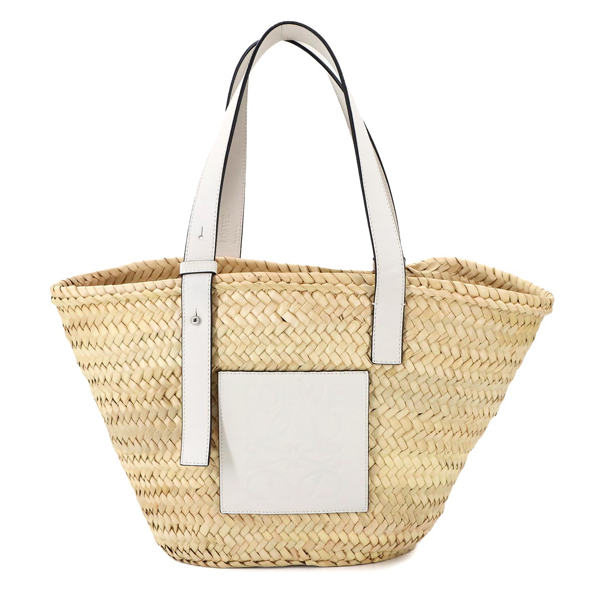LOEWE バスケット バッグ トート ラフィア レザー ナチュラル タン ホワイト シルバー 金具 Basket Bag ロエベ 90287614