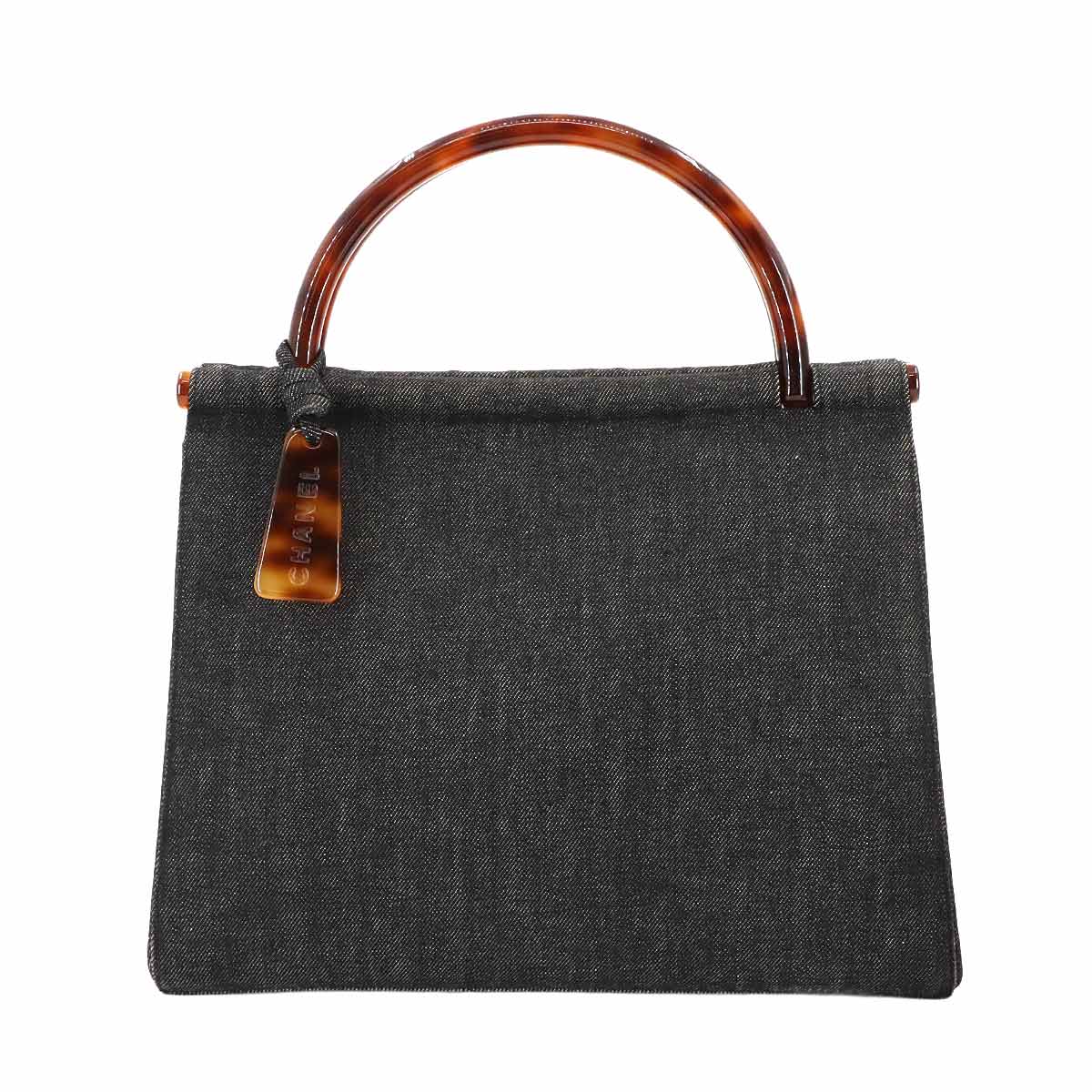 CHANEL べっ甲調 プラスチック ハンドル ハンド バッグ デニム ブラック ゴールド 金具 ヴィンテージ Hand Bag シャネル 90271023