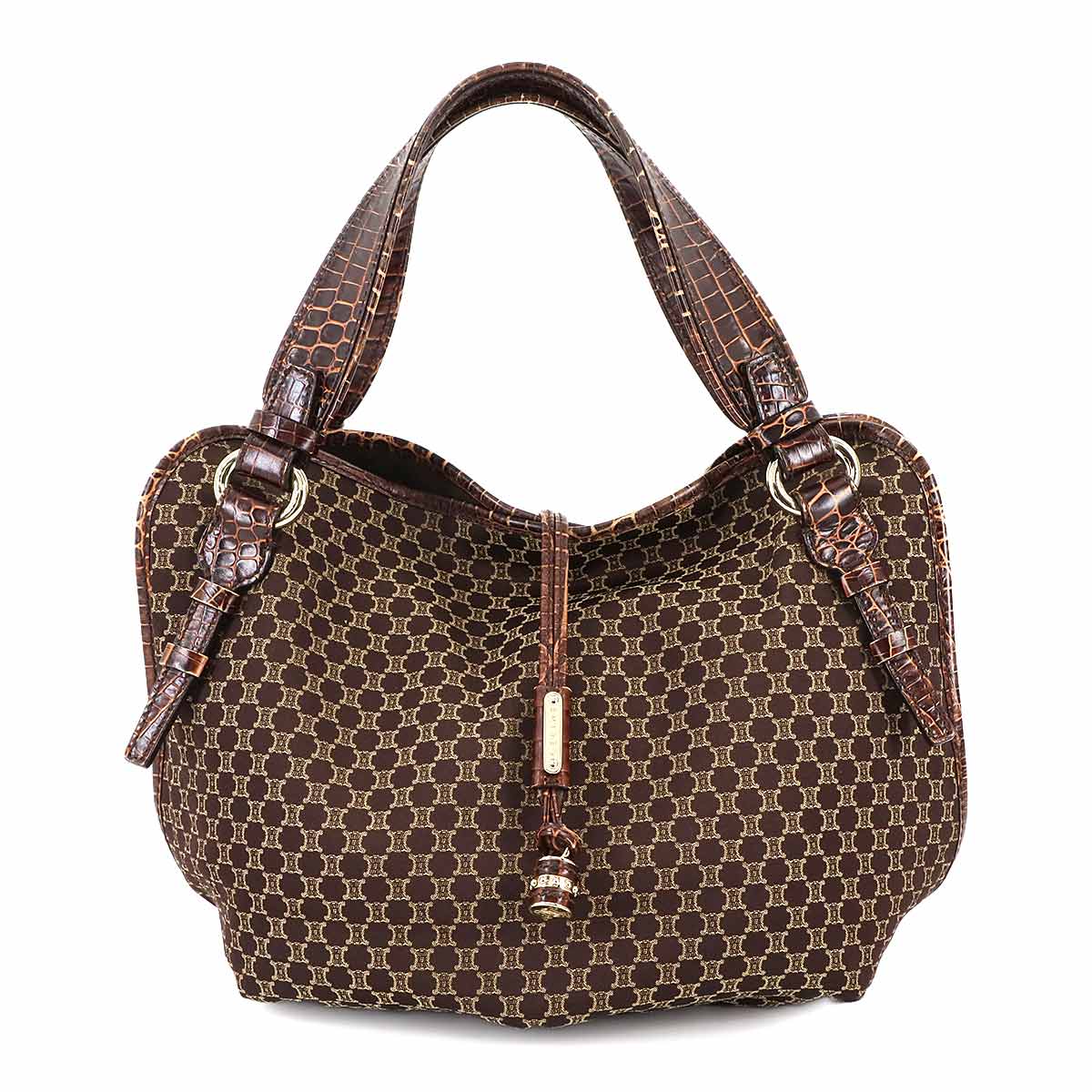 CELINE マカダム柄 ビター スイート ハンド バッグ キャンバス クロコ型押し レザー ブラウン Bitter sweet Bag セリーヌ 90285029