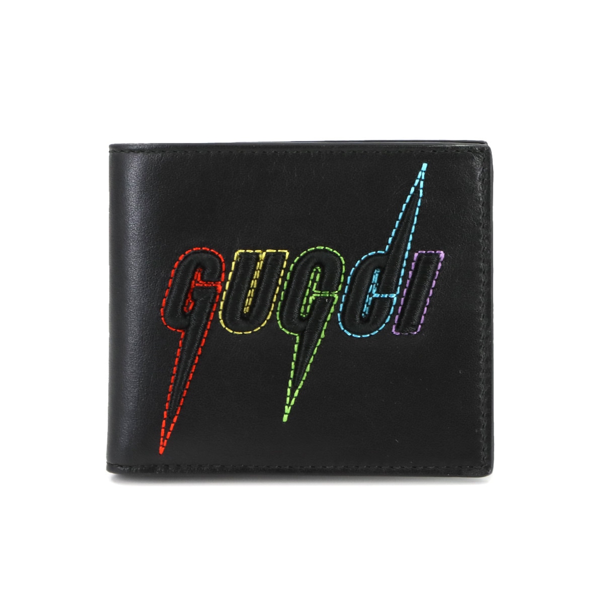 GUCCI ブレード エンブロイダリー 二つ折り 財布 レザー ブラック マルチカラー 597674 刺繍 Blade Embroidery Card Case Wallet グッチ 90285085
