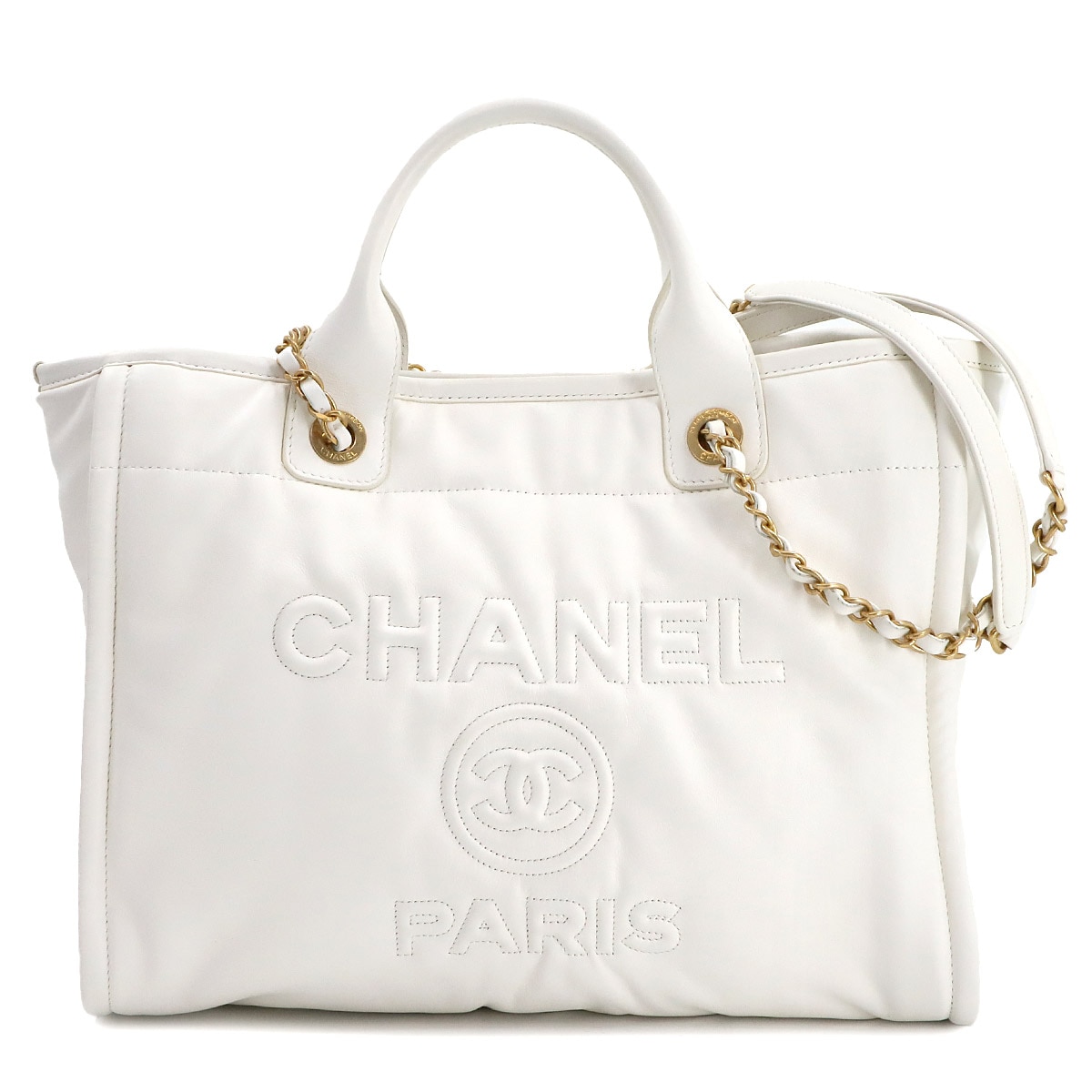 CHANEL ドーヴィル 2way トート チェーン ショルダー バッグ カーフスキン ホワイト AS3351 ゴールド 金具 Deauville Bag シャネル 90285131