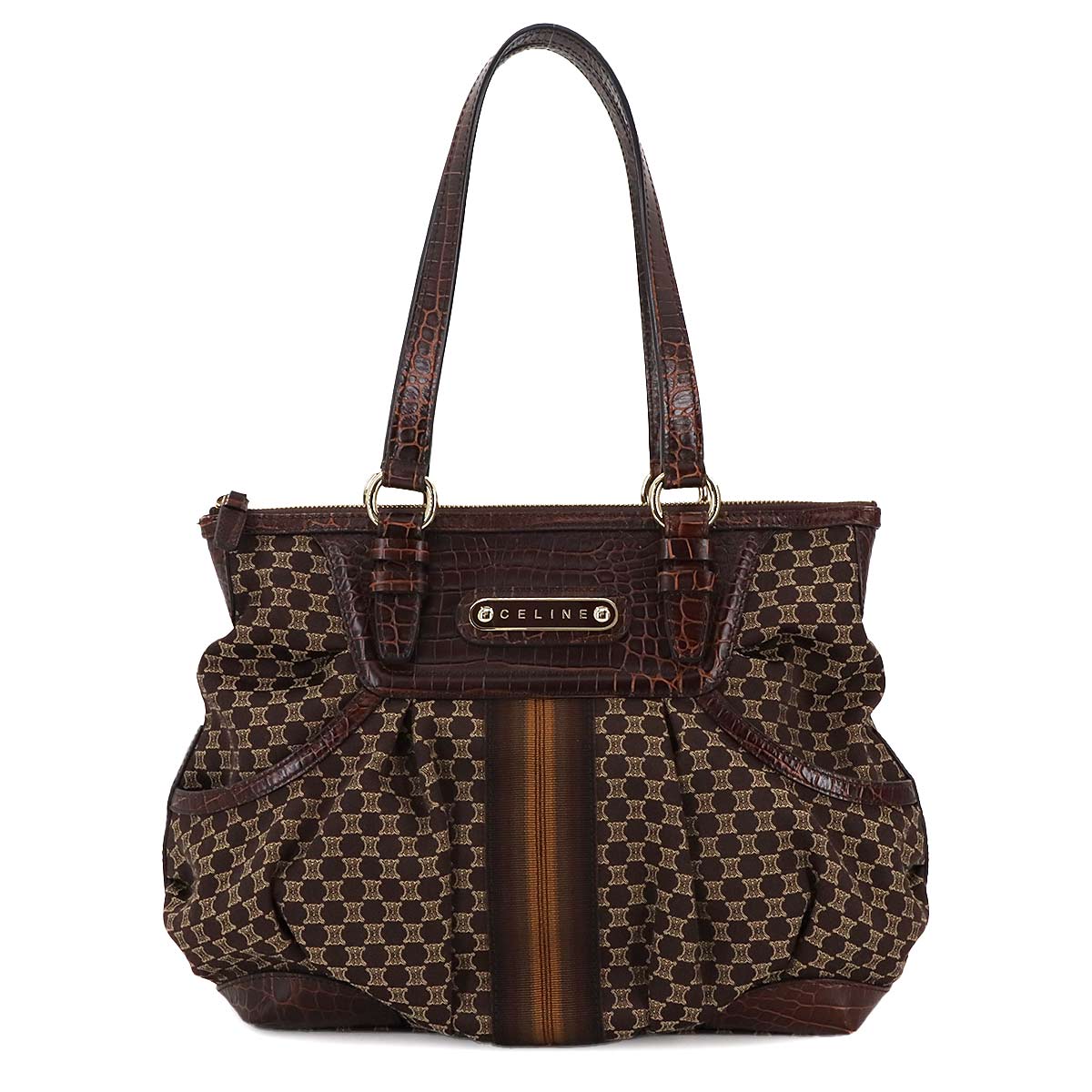 CELINE マカダム ハンド バッグ キャンバス レザー ダークブラウン ゴールド 金具 ヴィンテージ Macadam Bag セリーヌ 90286252
