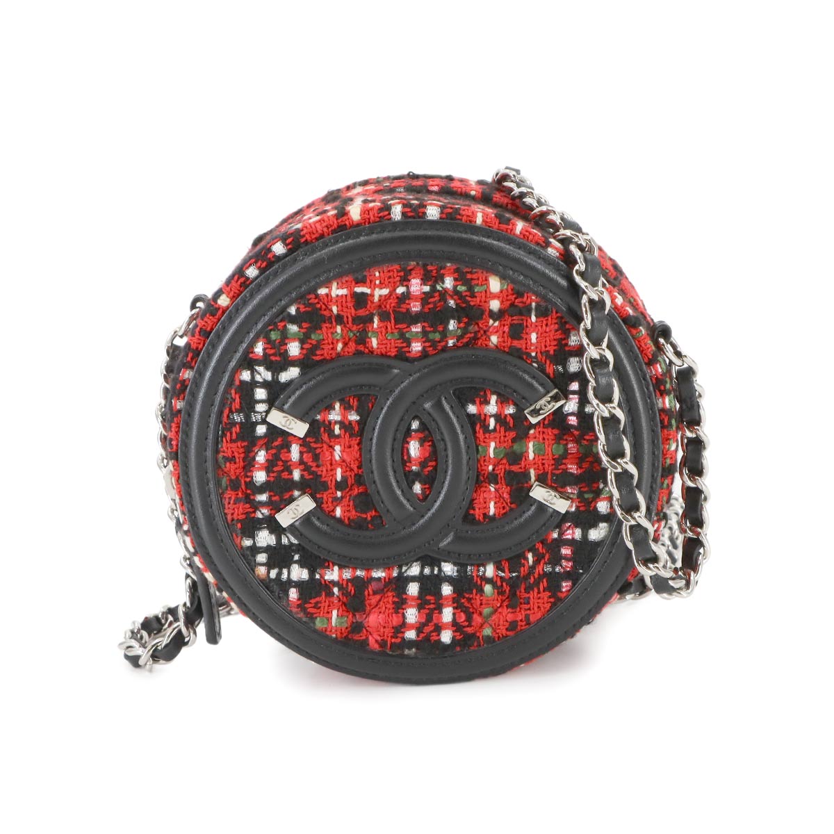 CHANEL CCフィリグリー チェーン ショルダー バッグ ツイード レザー レッド ブラック AP0365 ラウンド型 CC Filigree Bag シャネル 90287510