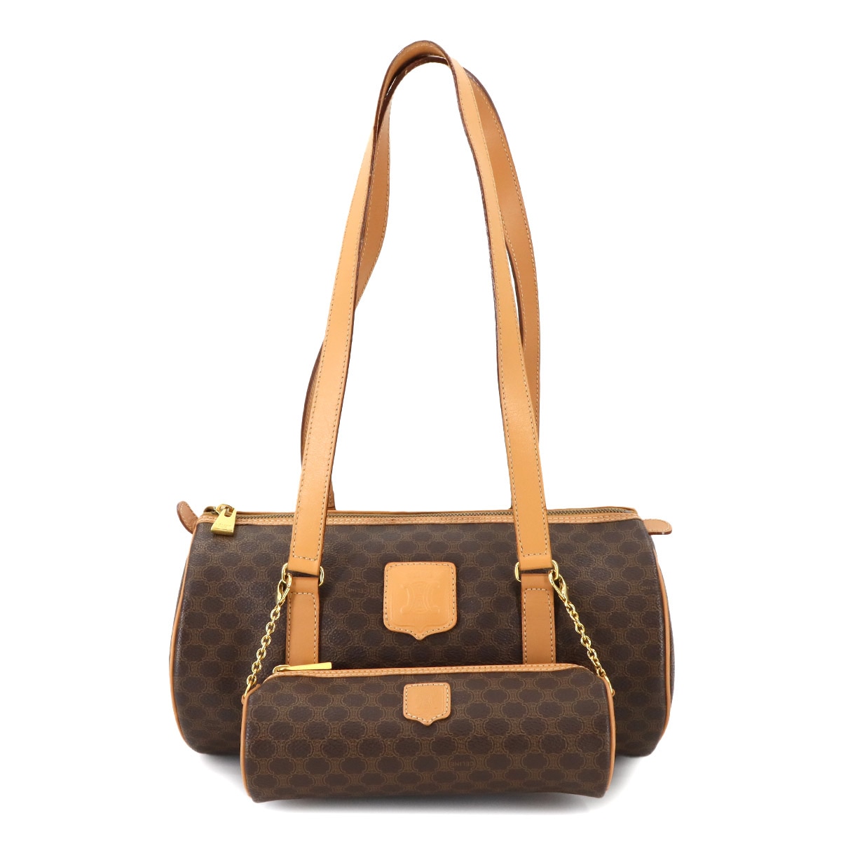 CELINE マカダム ボストン ハンド バッグ PVC レザー ブラウン ゴールド 金具 ヴィンテージ Macadam Hand Bag セリーヌ 90286110